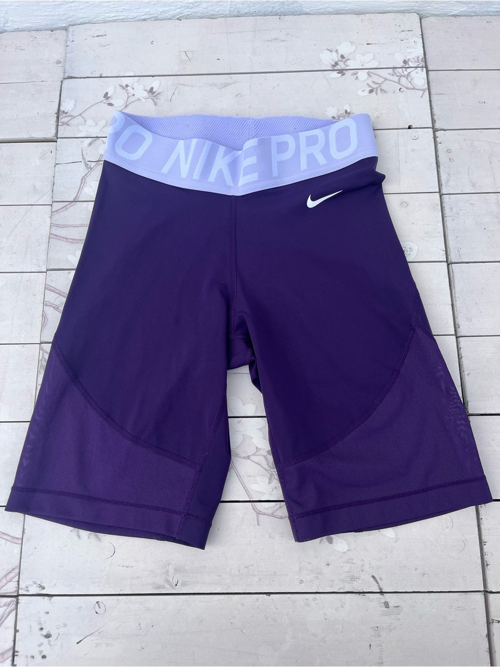 Nike Pro Women's Purple Compression Bike Shorts with Light Lavender Waistband